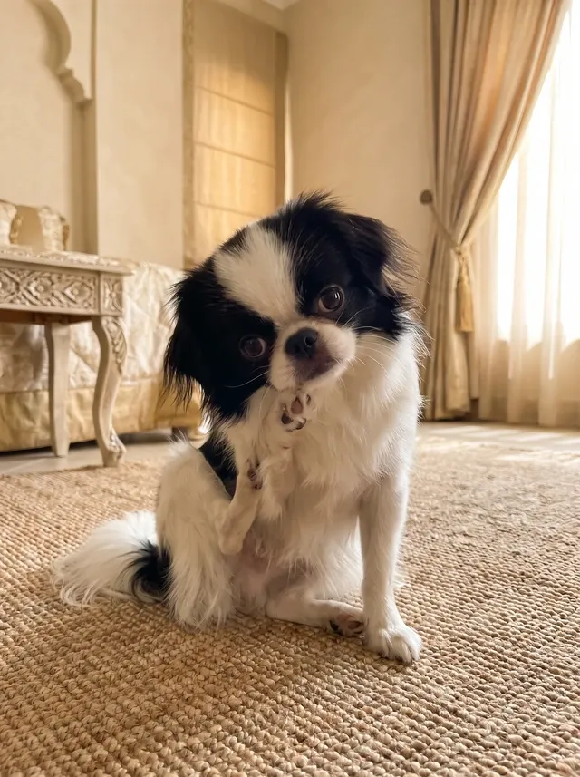 Japanese Chin, sitting on a jute rug in a villa bedroom, lifting one paw to wash its face like a cat