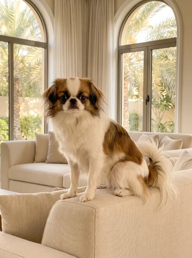 Japanese Chin in Dubai, a sable and white adult perched on the back of a cream sofa, a palm garden beyond