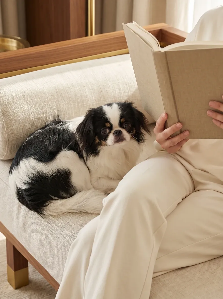Japanese Chin, curled on a linen daybed beside a pet parent reading a book