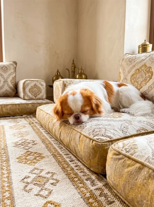Japanese Chin in Dubai, an orange and white adult asleep on a majlis floor cushion, chin on the edge