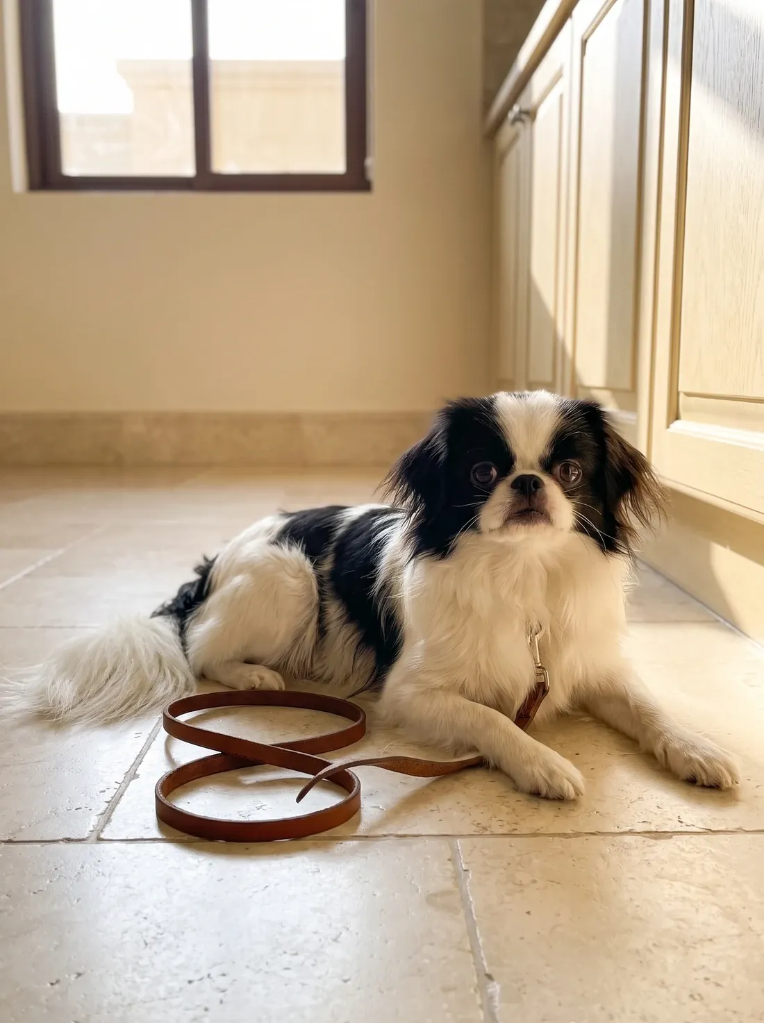 Japanese Chin, lying on cool kitchen tiles beside a loose lead after a short morning walk