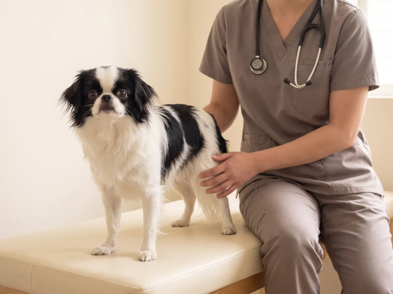 Japanese Chin, standing on a padded table while a vet in taupe scrubs rests a hand on its back leg