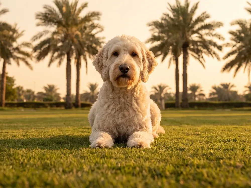 Labradoodle in Dubai, a cream adult lying on a park lawn at golden hour with date palms behind