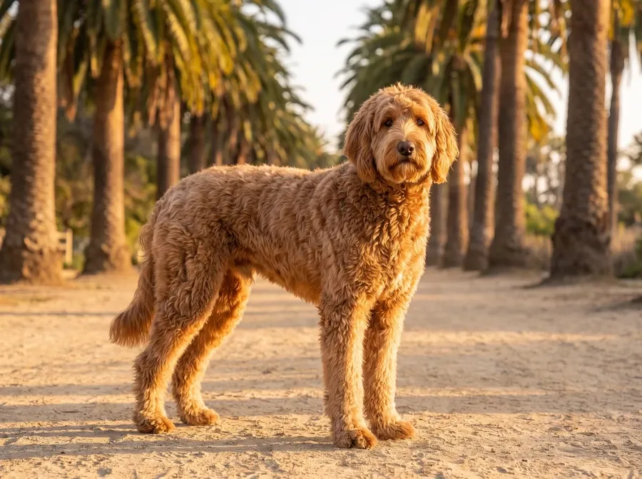 Labradoodle in Dubai, a tall caramel standard adult standing on a palm-lined sandy path at golden hour
