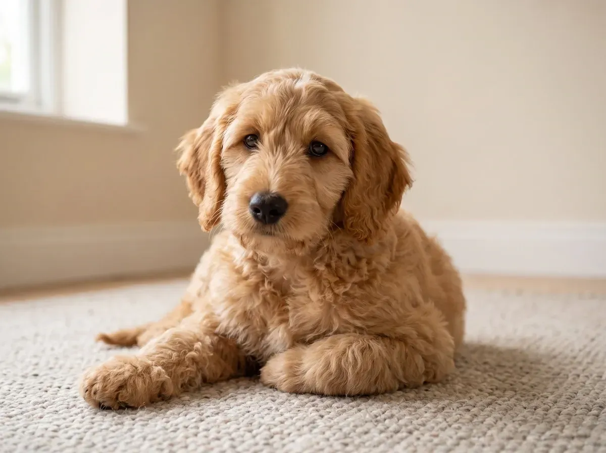 Labradoodle, an apricot puppy lying on a stone-coloured wool rug