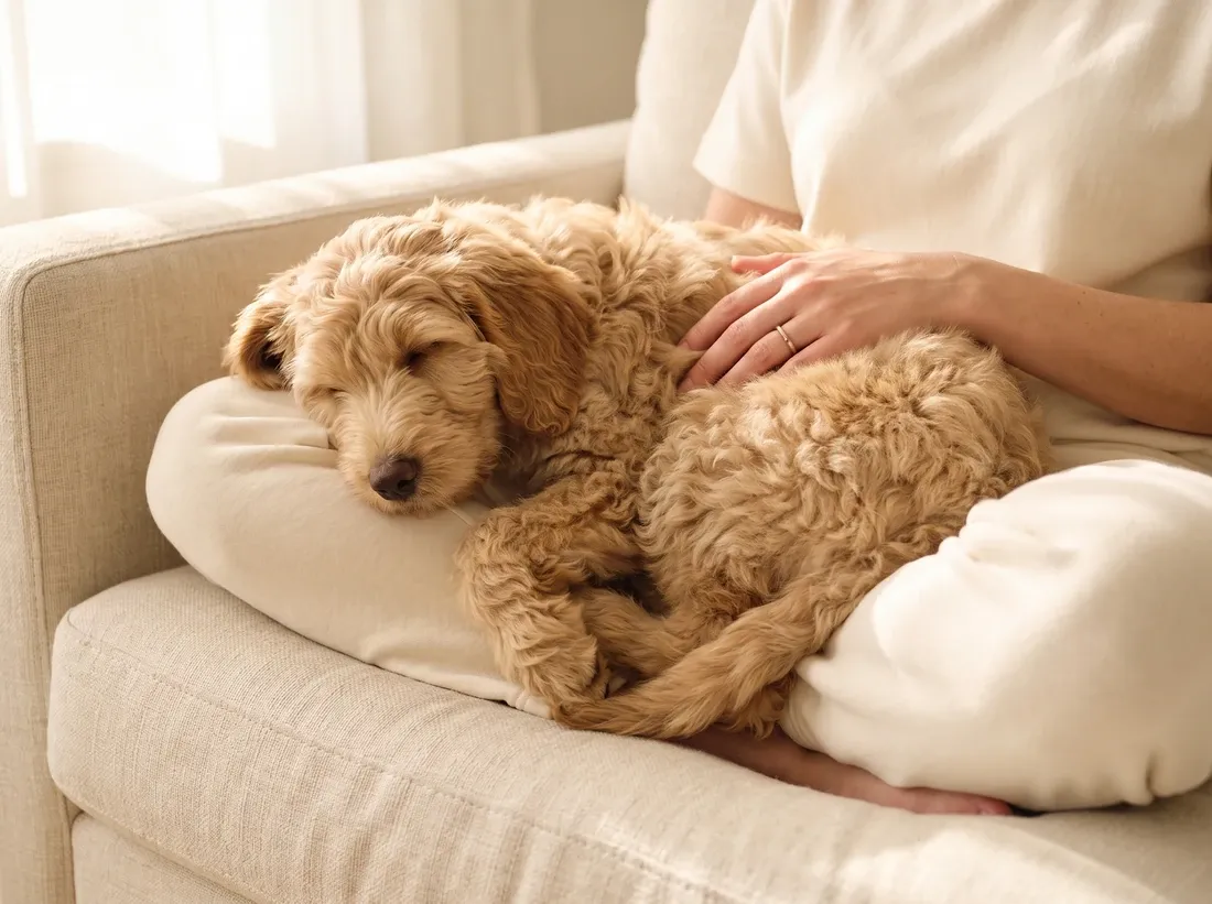 Labradoodle, a cafe au lait puppy asleep in a pet parent's lap on a linen sofa