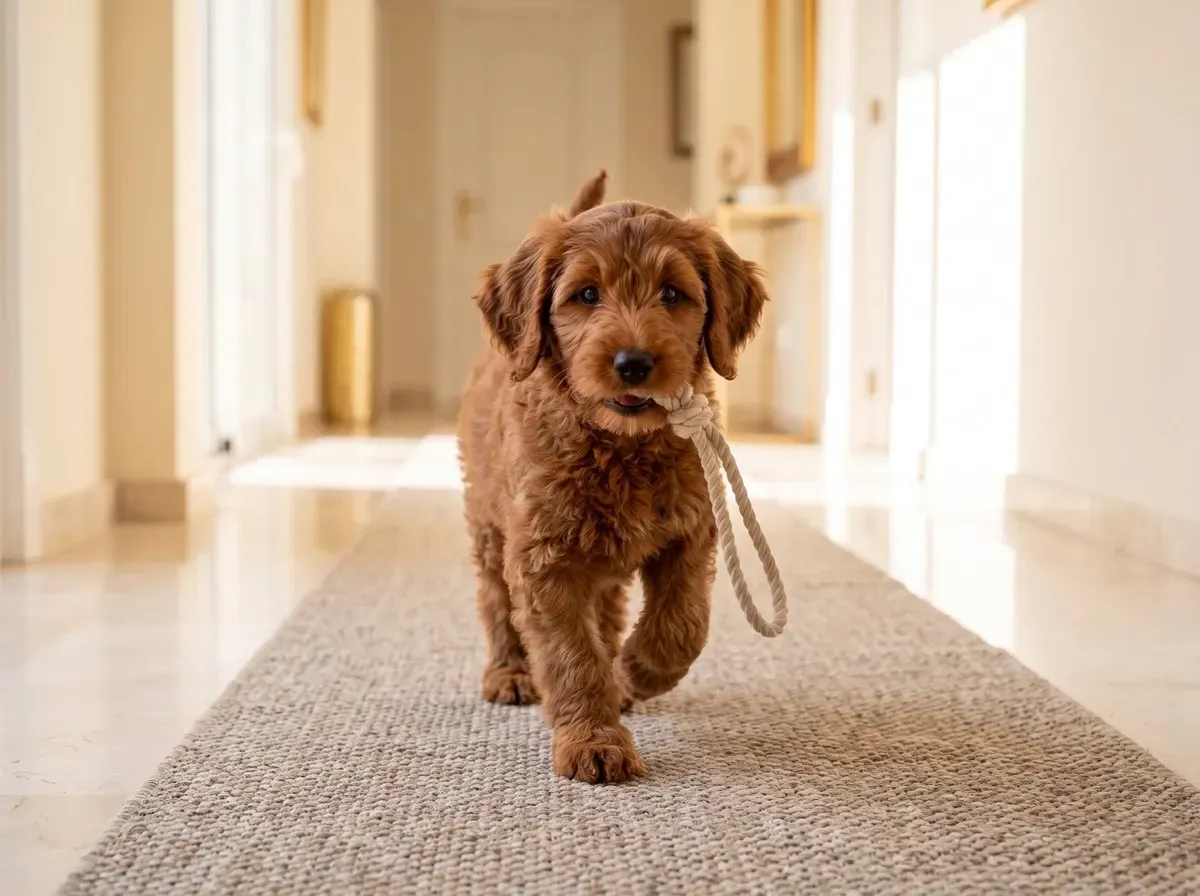 Labradoodle, a small red puppy carrying a rope toy along a runner on a marble floor