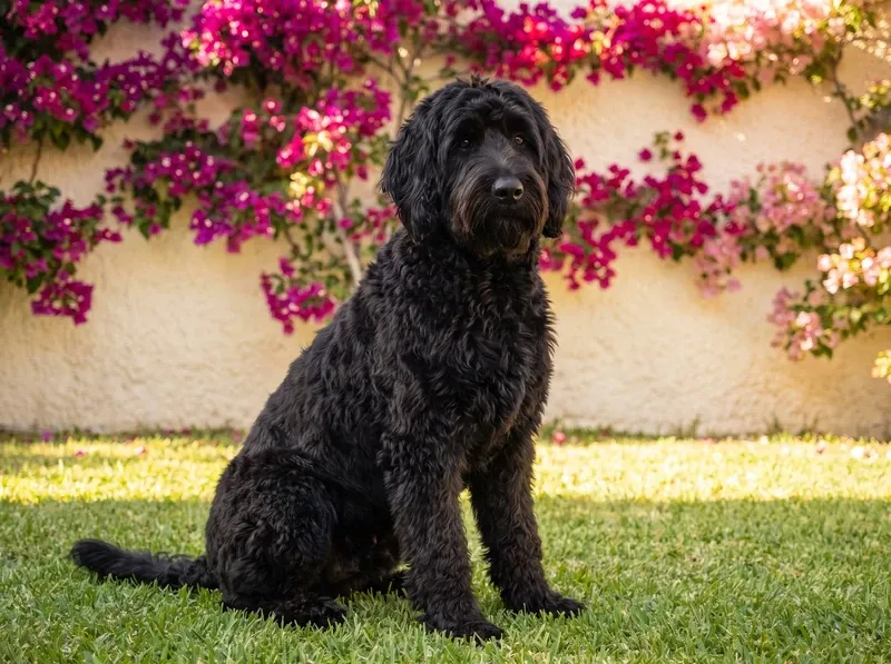 Labradoodle, a black adult sitting on a villa garden lawn, bougainvillea on the cream wall behind