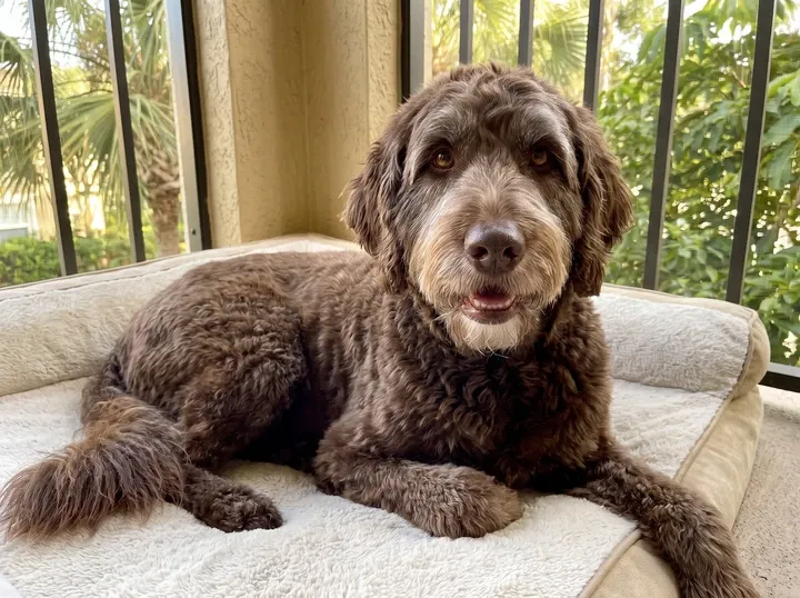 Labradoodle in Dubai, an older chocolate dog with a greying muzzle on a dog bed on a balcony, palms behind