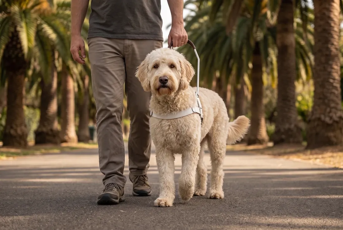 Labradoodle history, a cream adult in a white guide harness walking beside a person on a shaded path