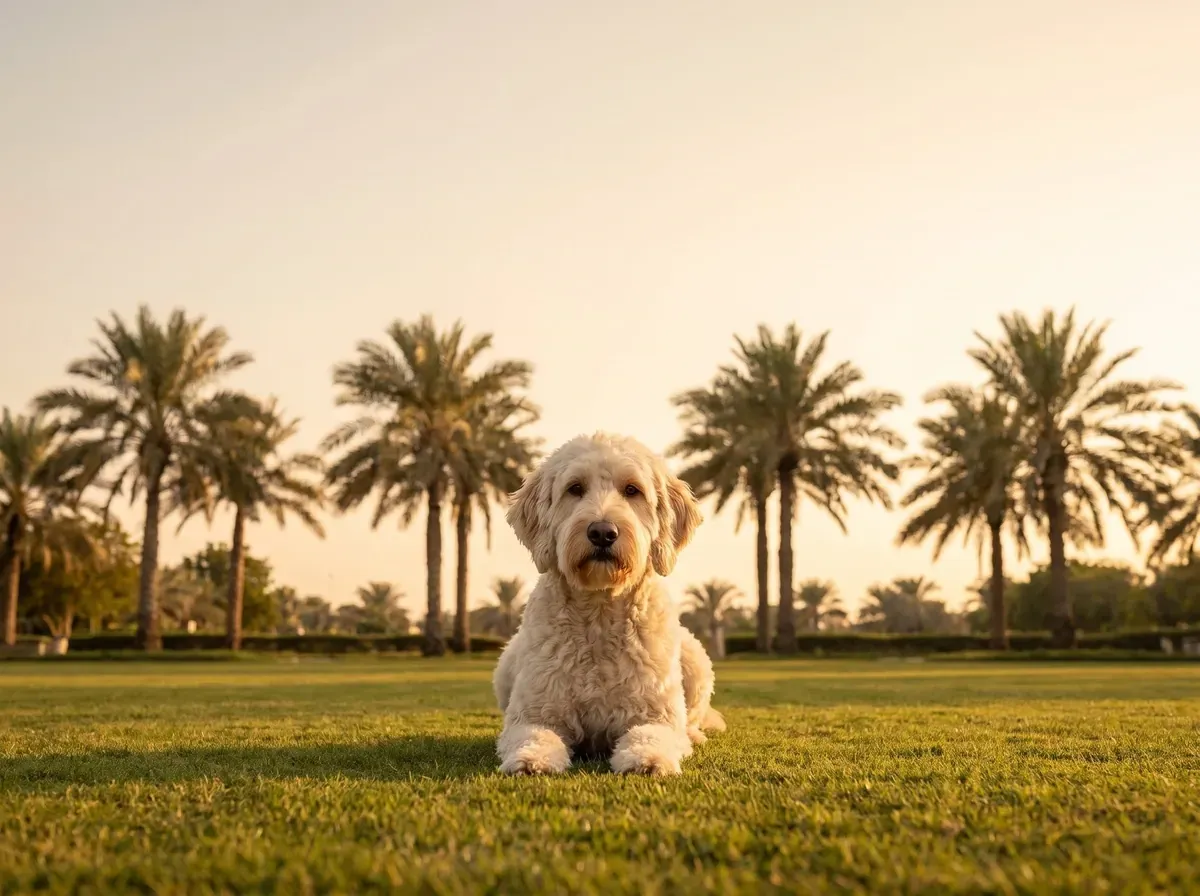 Labradoodle history, the breed today, a cream adult lying on a Dubai park lawn with date palms behind