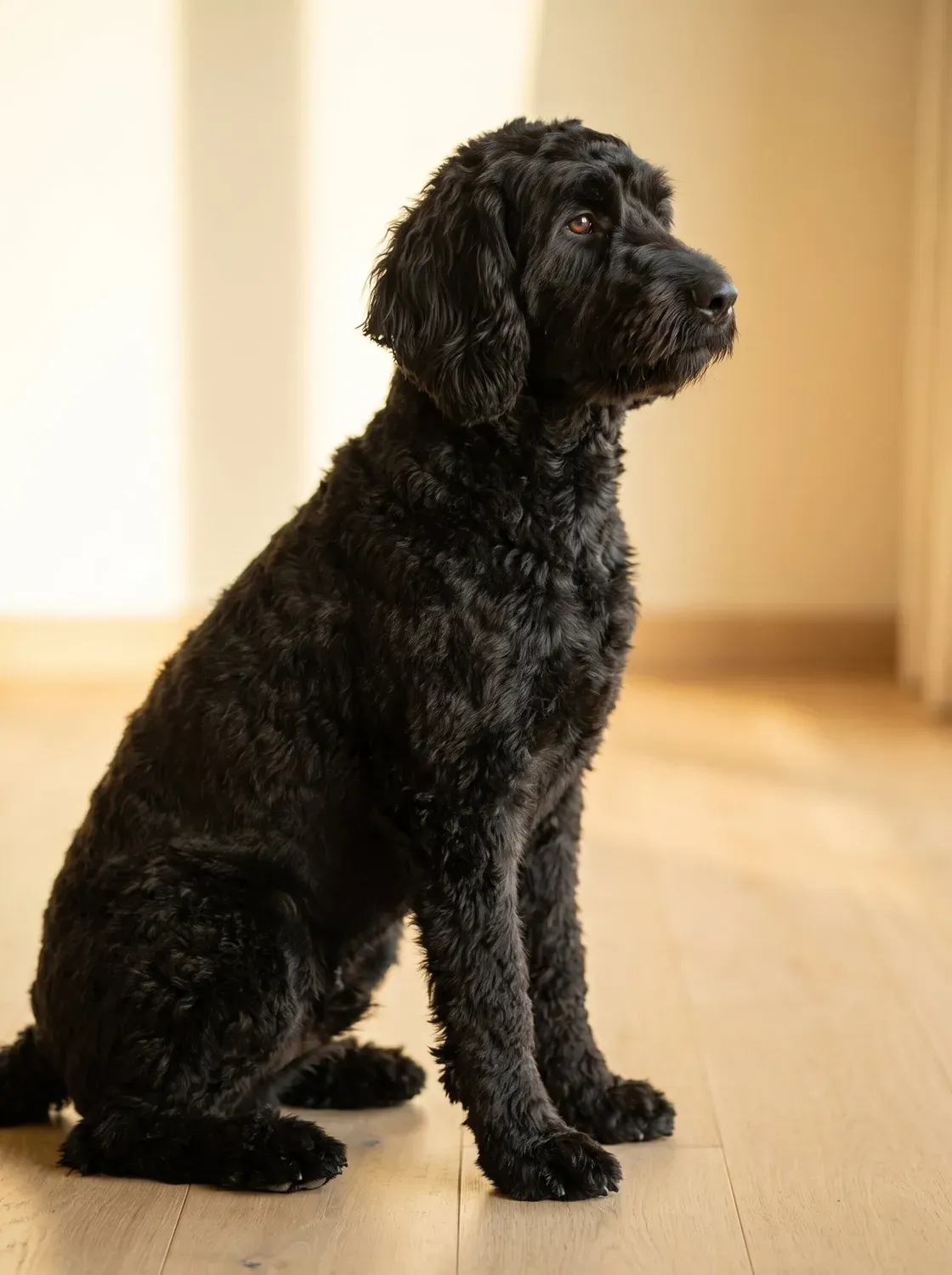 Labradoodle, the same black adult sitting on a pale floor in a bright, cool room
