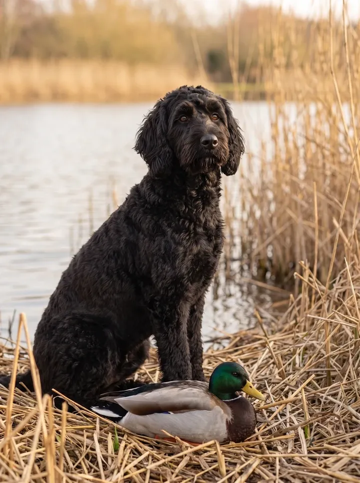 Labradoodle, a black adult sitting in reeds at the water's edge, a mallard duck nearby