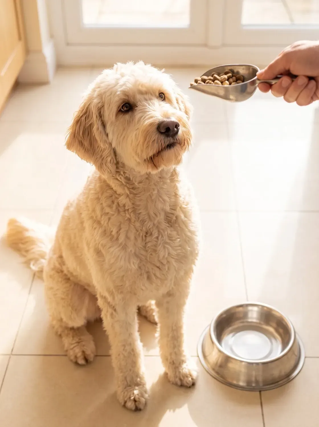 Labradoodle, a cream adult sitting by a steel bowl in a kitchen, looking up at a hand holding a food scoop