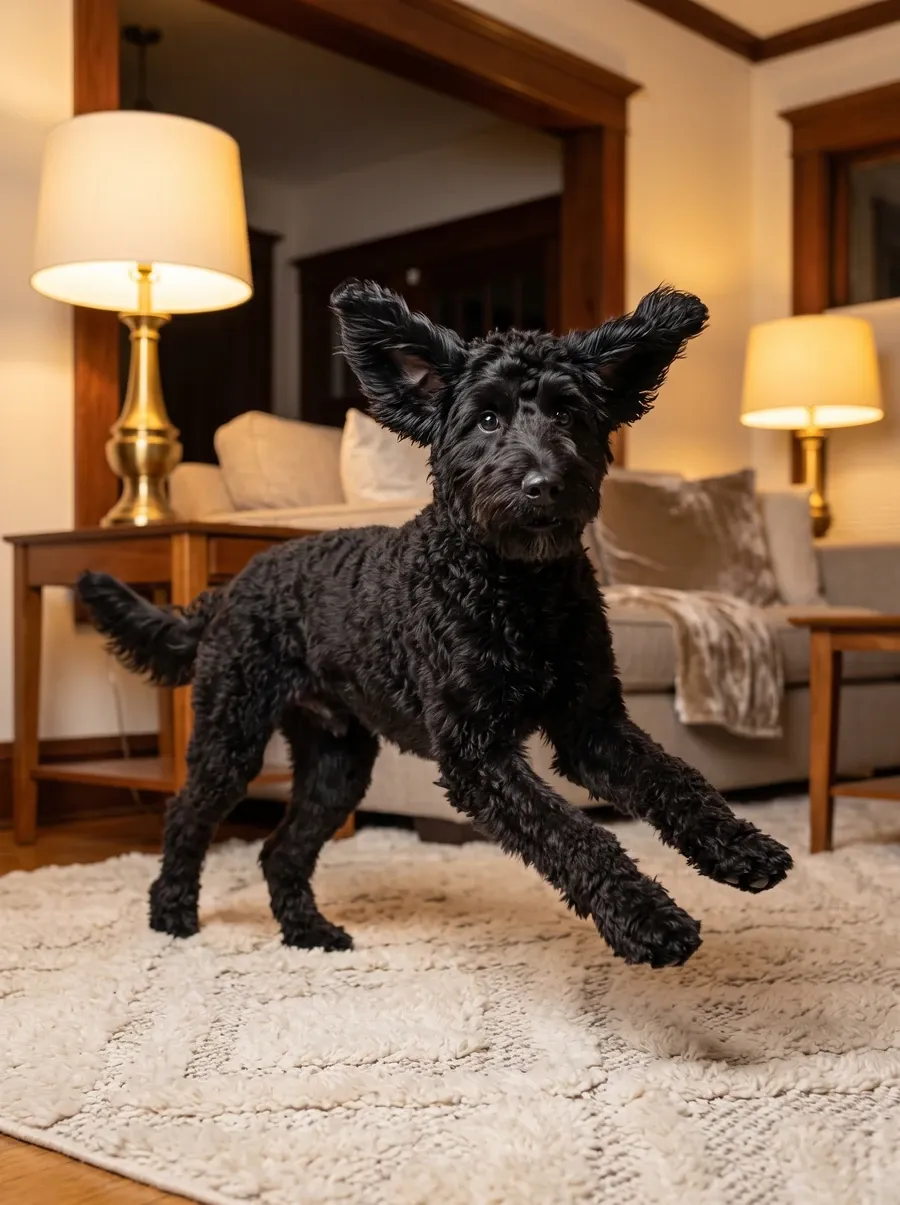 Labradoodle, a small black adult running across a cream rug in a lamplit living room, ears flying