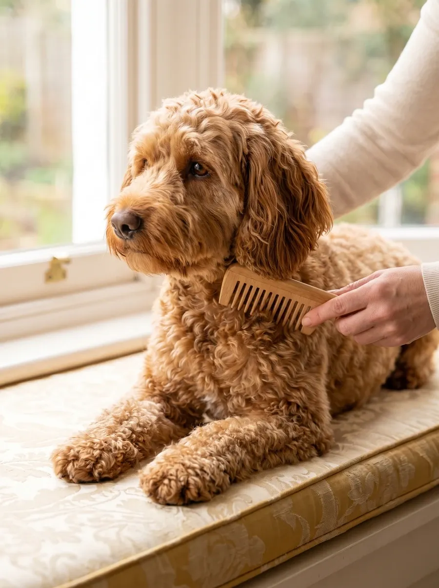 Labradoodle, a small caramel adult lying on a window seat while a pet parent combs the curls