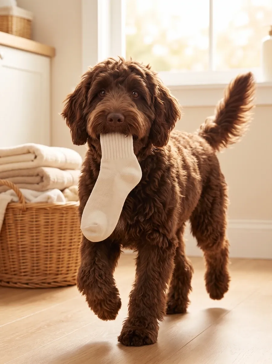 Labradoodle, a small chocolate adult trotting out of a laundry room with a sock in the mouth