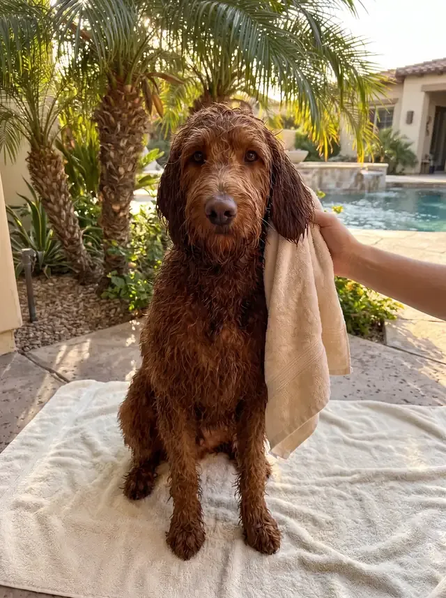 Labradoodle in Dubai, a damp red adult on a towel by a villa pool under palms, a pet parent drying one ear