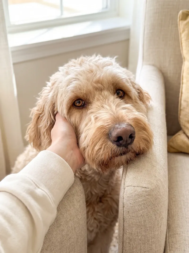 Labradoodle, a cafe au lait adult with the head resting under a pet parent's hand on a reading chair
