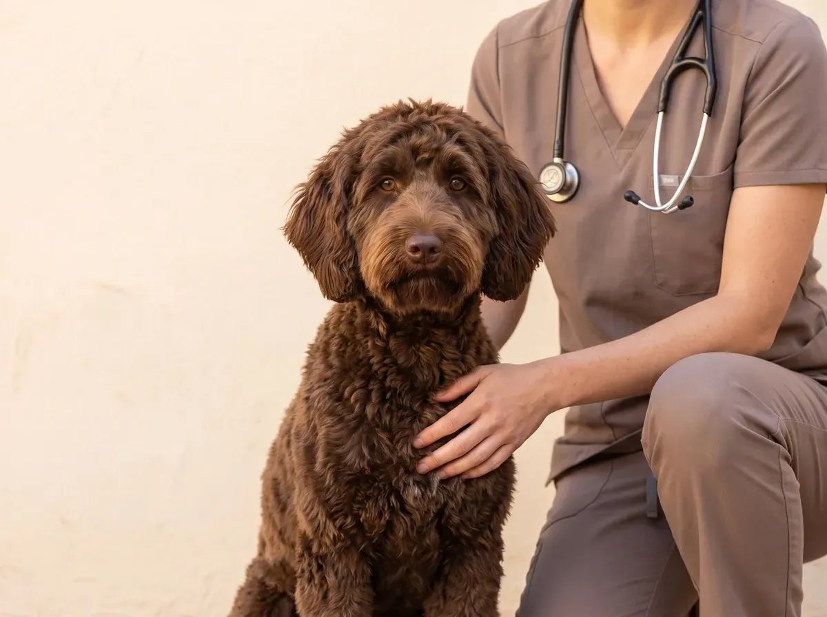 Labradoodle, a calm small chocolate adult with a hand from a vet in taupe scrubs on the dog's chest