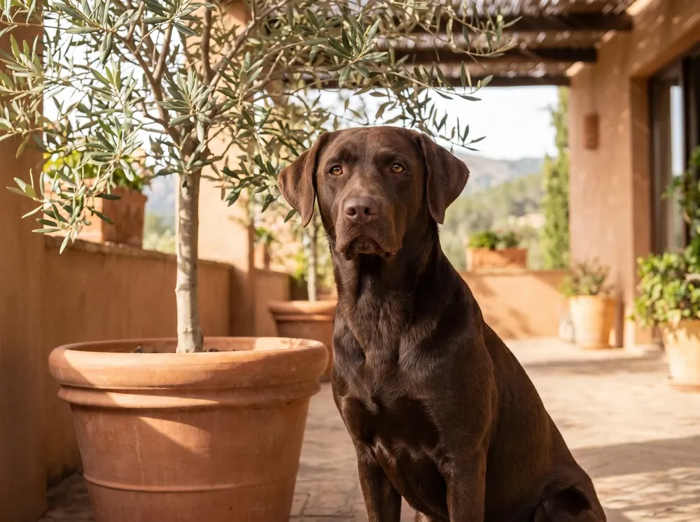 Labrador Retriever, a lean chocolate adult sitting alert on a shaded villa terrace