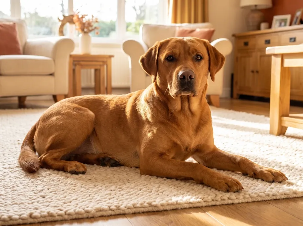 Labrador Retriever, a fox red adult lying on a cream rug in a sunlit living room