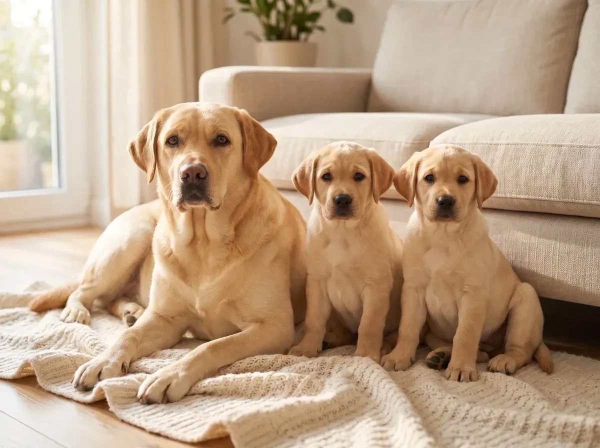 Labrador Retriever, a yellow mother lying on a blanket with two puppies beside a sofa