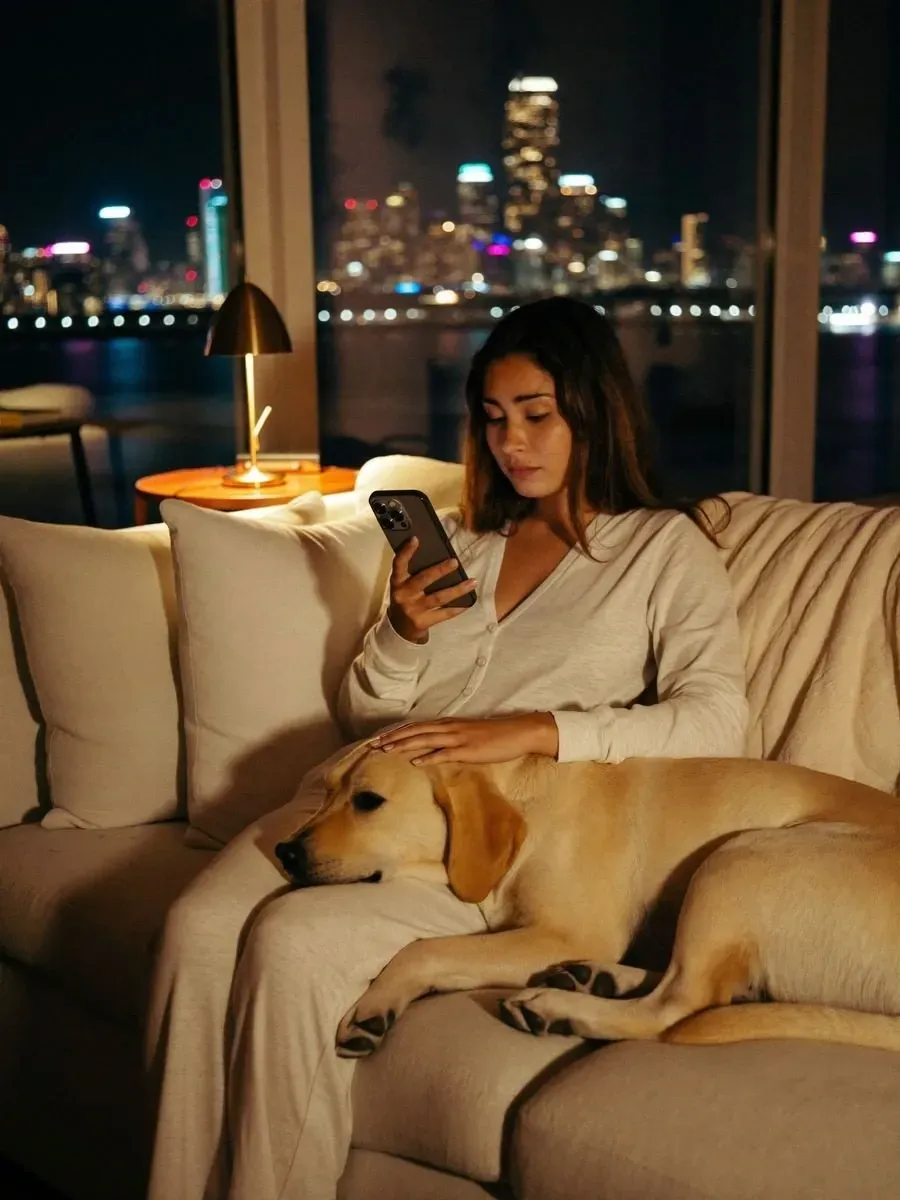 Labrador Retriever in Dubai, asleep on a pet parent's lap on the sofa at night, city lights behind