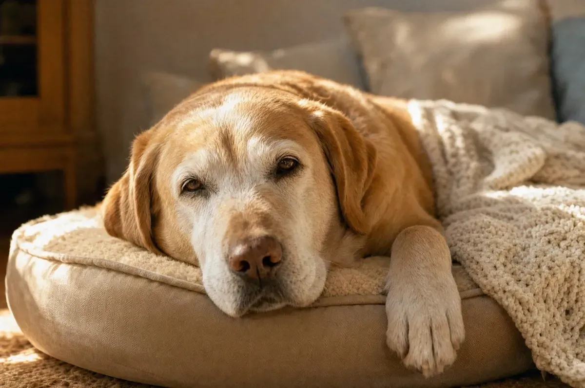 Labrador Retriever, an older yellow dog with a silvered muzzle resting on a cushioned bed