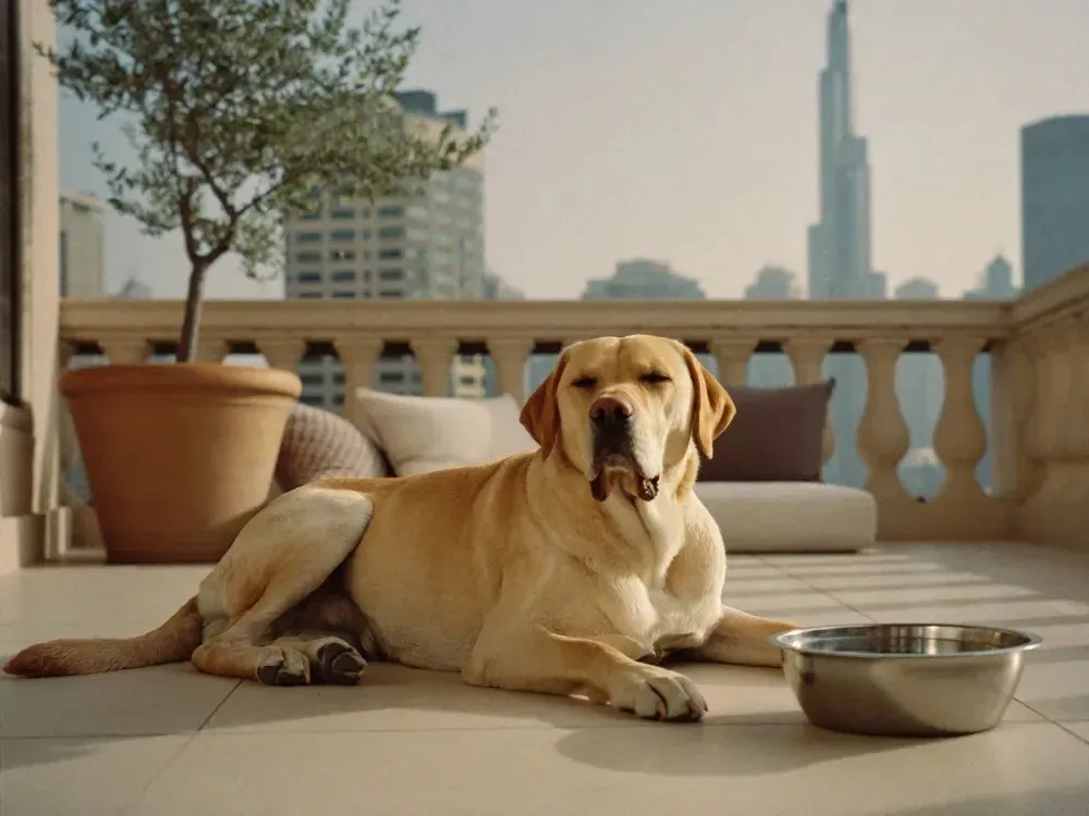 Labrador Retriever history, the breed today, a yellow adult lying on a Dubai balcony beside a water bowl
