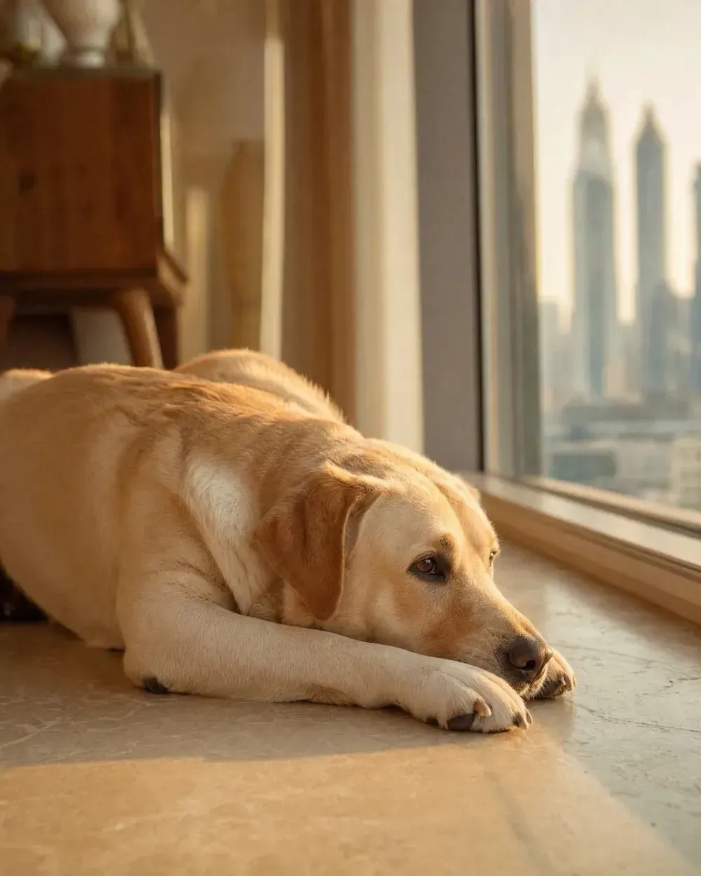 Labrador Retriever in Dubai, a yellow adult lying on a cool floor by a window, the skyline beyond