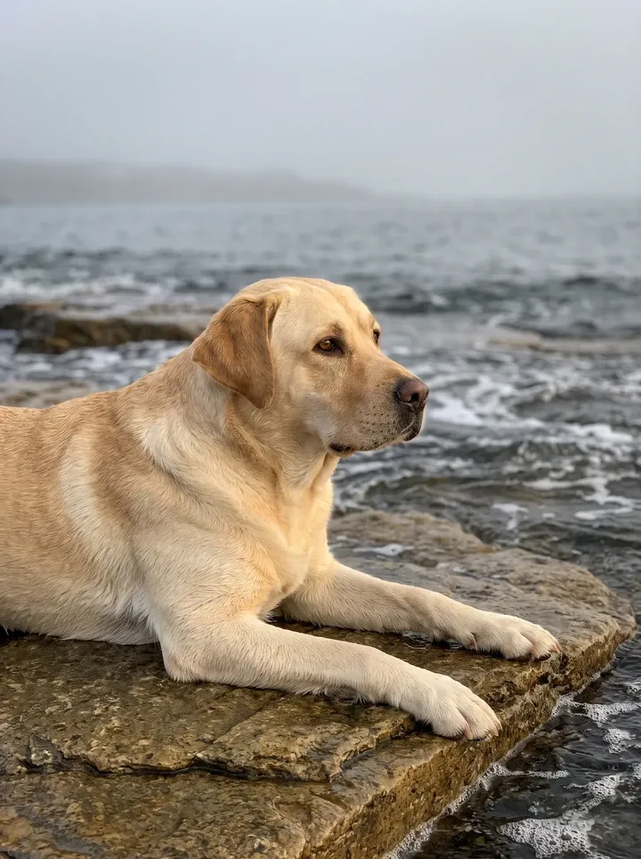 Labrador Retriever, a yellow adult lying on shoreline rocks beside a cold grey sea