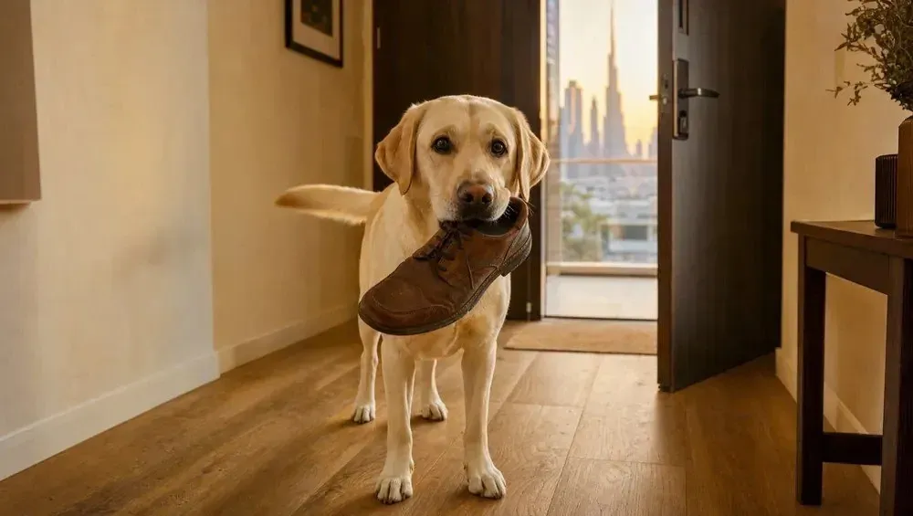 Labrador Retriever in Dubai, a yellow adult at a flat's front door holding a shoe, the skyline behind