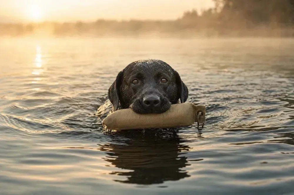 Labrador Retriever, a black adult swimming through misty water with a canvas dummy