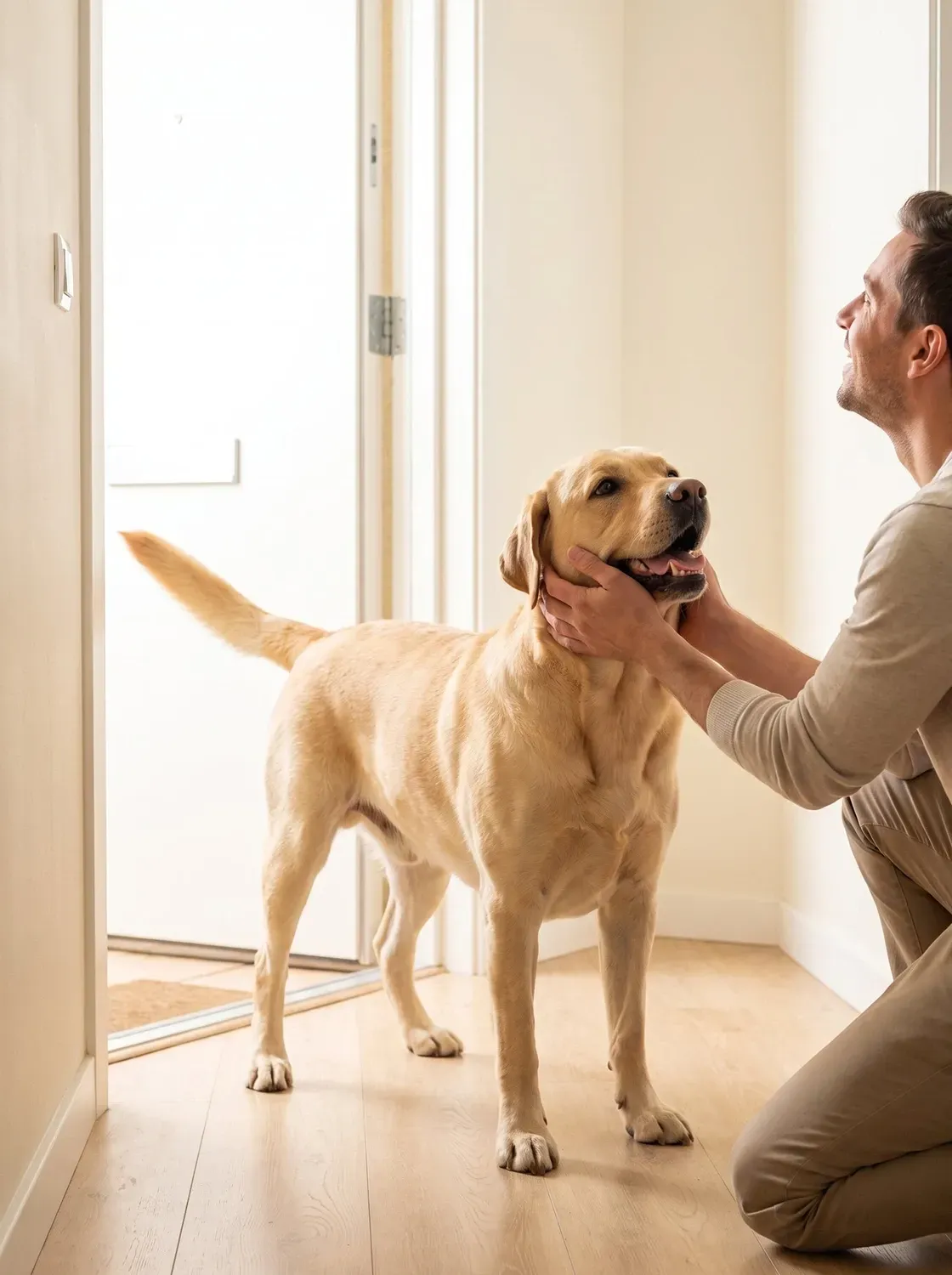 Labrador Retriever, a yellow adult at a flat's front door as a kneeling guest cups the dog's face