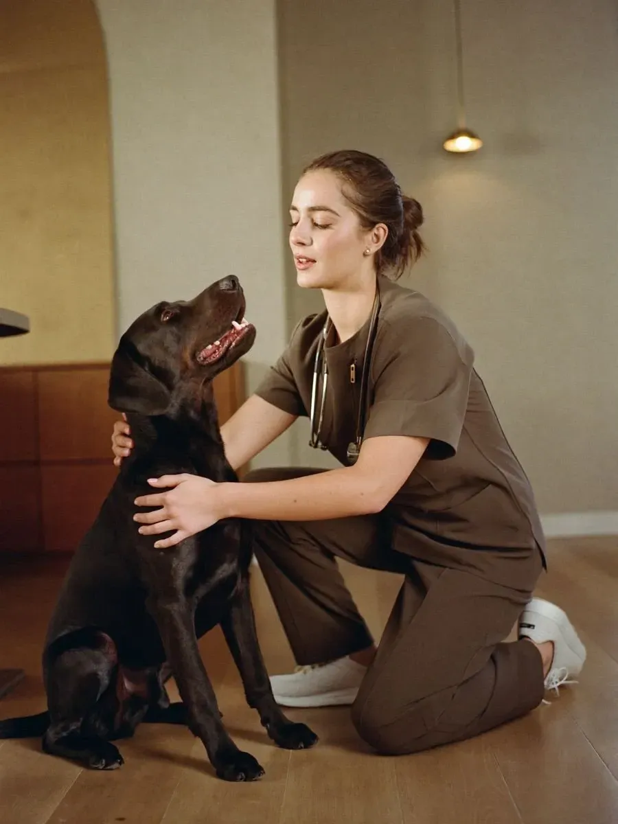 Labrador Retriever, a chocolate adult sitting as a vet in taupe scrubs kneels alongside, a hand on the dog's chest