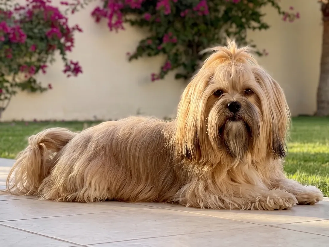 Lhasa Apso, a honey-gold adult lying on pale tiles in a villa garden with bougainvillea