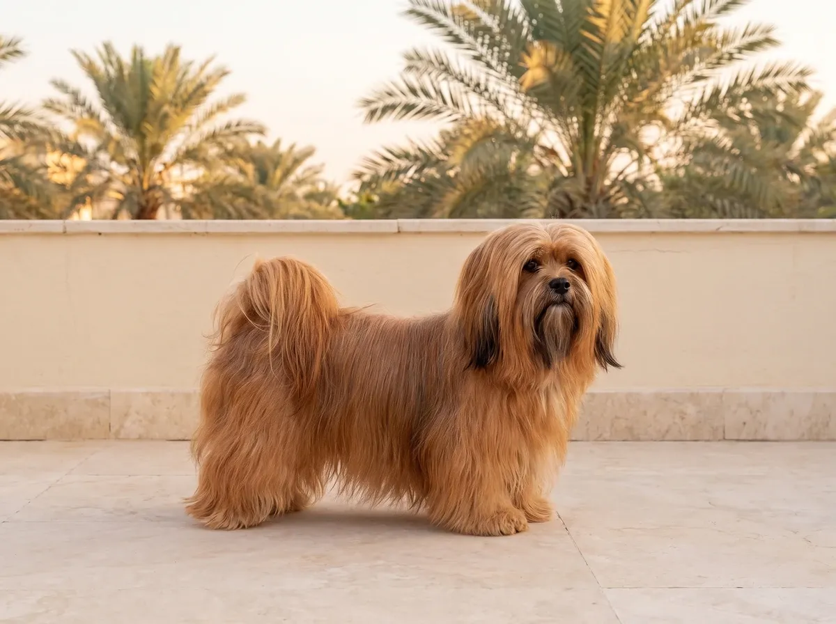 Lhasa Apso in Dubai, a red-gold adult standing on a villa terrace at dawn with date palms behind