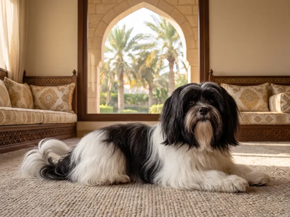 Lhasa Apso in Dubai, a black and white adult lying on a rug in a majlis, palms through the arch