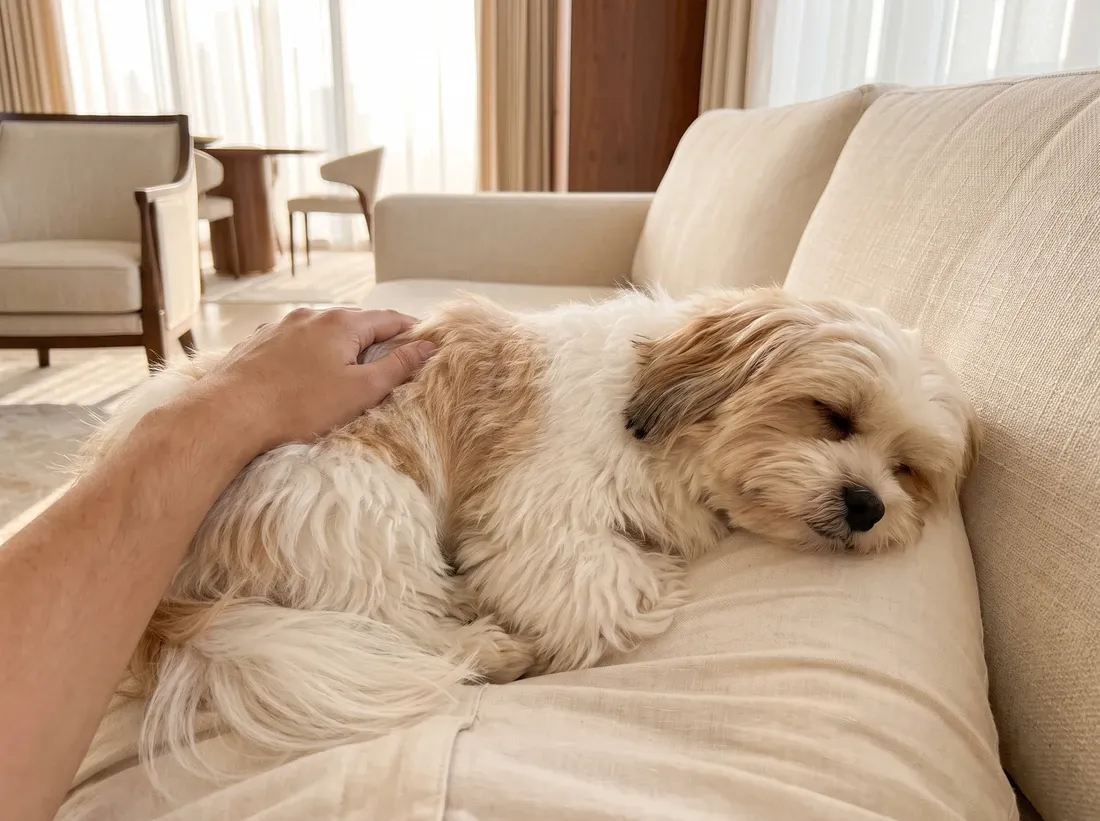 Lhasa Apso, a white and gold puppy asleep on a pet parent's lap on a cream sofa