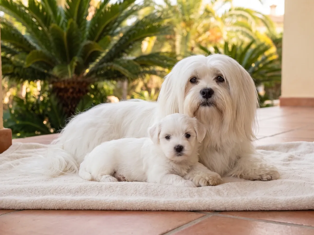 Lhasa Apso in Dubai, a white mother lying on a blanket with one white puppy, palms behind
