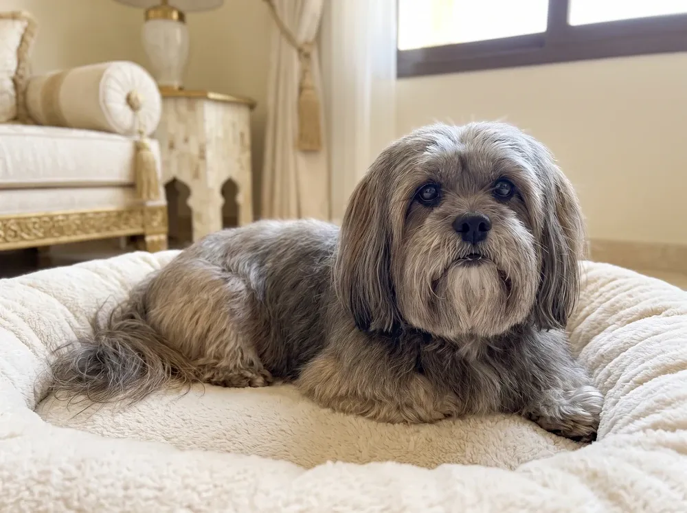 Lhasa Apso, an older grizzle adult with a greying face resting on a thick cream bed