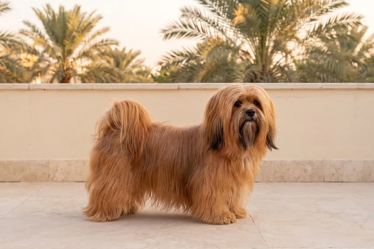 Lhasa Apso history, a red-gold adult standing on a villa terrace at dawn with date palms behind