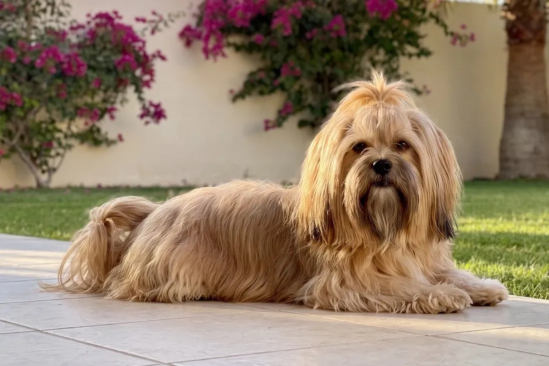 Lhasa Apso history, the breed today, a honey-gold adult lying in a villa garden with bougainvillea, Dubai, 2026