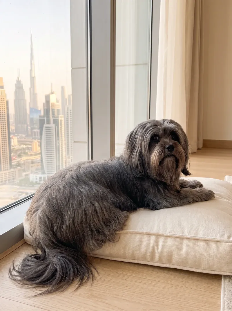 Lhasa Apso in Dubai, a slate grey adult lying on a cushion by a tall window, the city skyline beyond