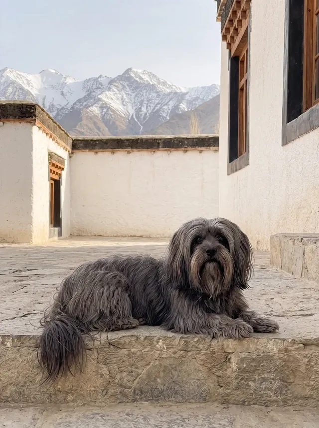 Lhasa Apso, the same slate grey dog lying on the stone steps of a Himalayan monastery courtyard