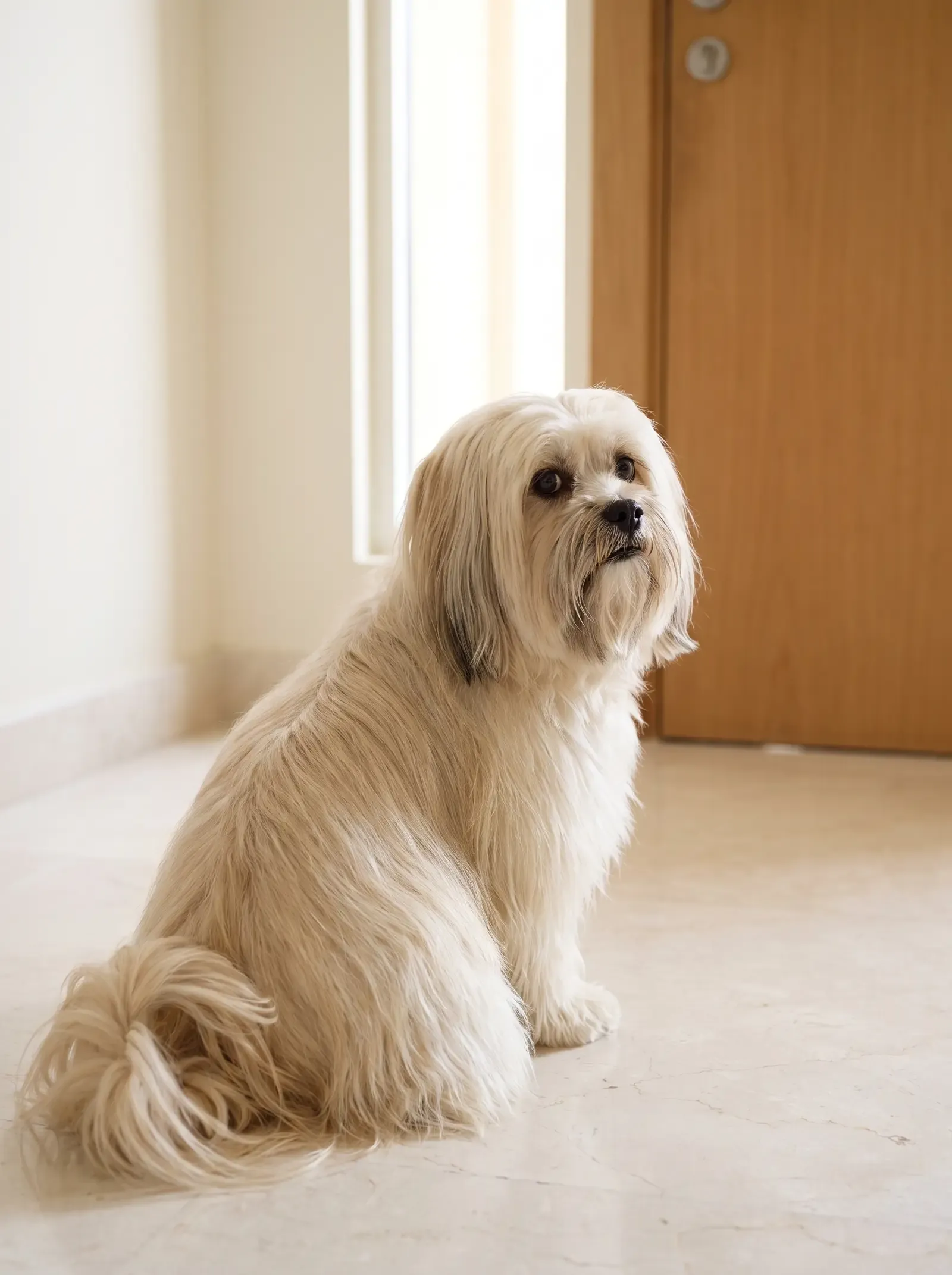 Lhasa Apso, a cream adult sitting on a marble floor in a hallway, looking towards the front door