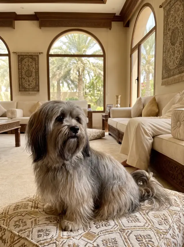 Lhasa Apso in Dubai, a grizzle adult on a floor cushion in a majlis with date palms through the arched windows