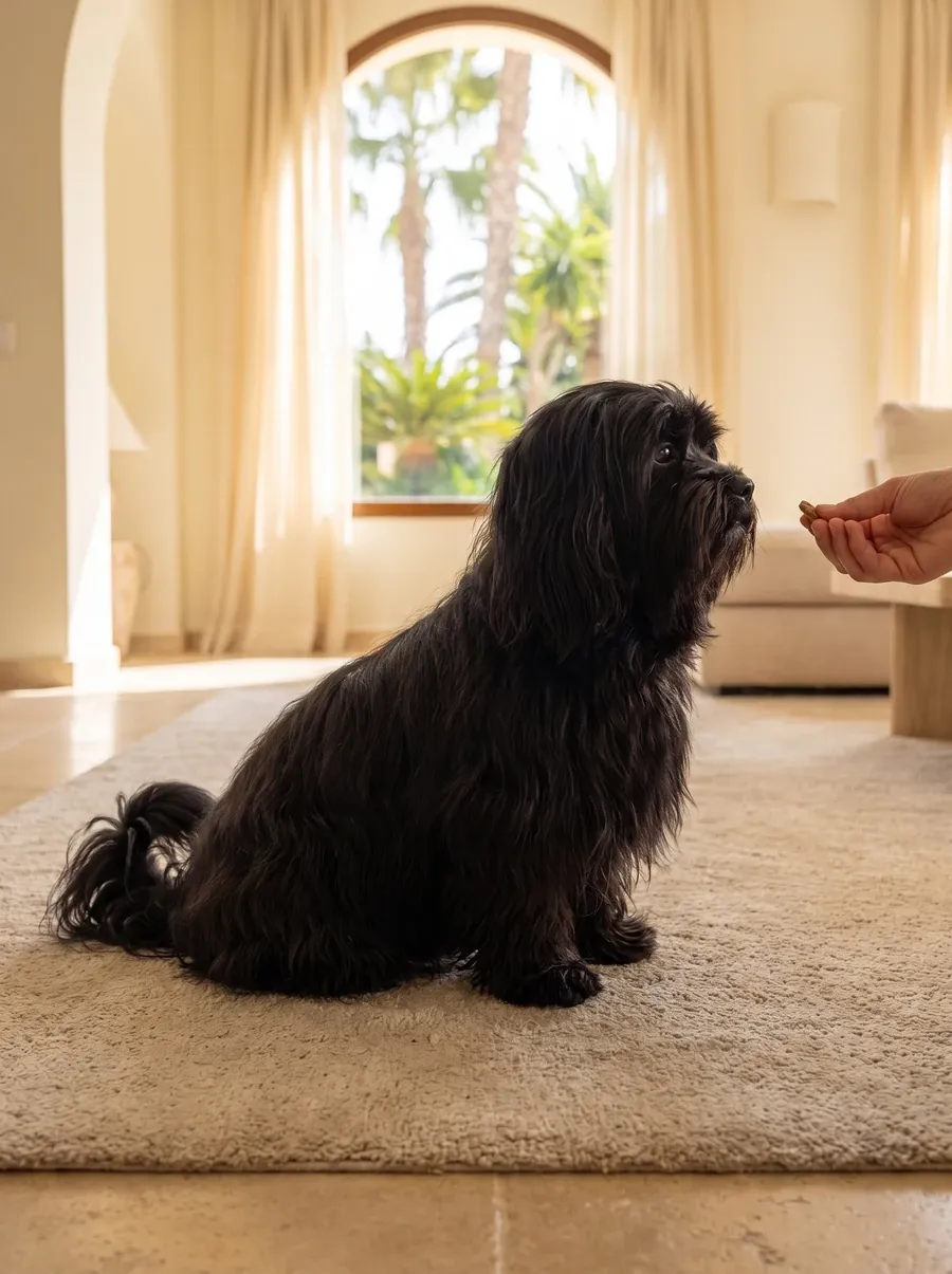 Lhasa Apso in Dubai, a black adult sitting on a rug, looking calmly at a hand holding a treat, palms behind