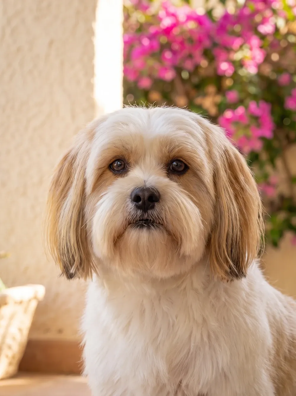 Lhasa Apso, close portrait of a white and gold adult with a trimmed fringe by pink bougainvillea